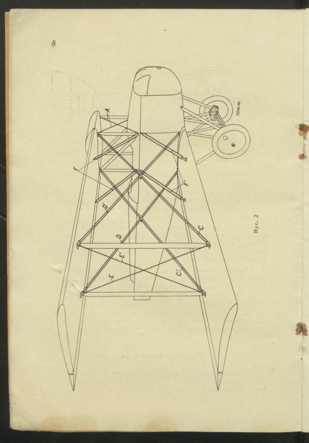 Ein Buchumschlag mit einem detaillierten technischen Zeichnung eines Flugzeugs, einschließlich Tragflächen, Propellern und Motoren, mit begleitendem Text über seine Konstruktion.