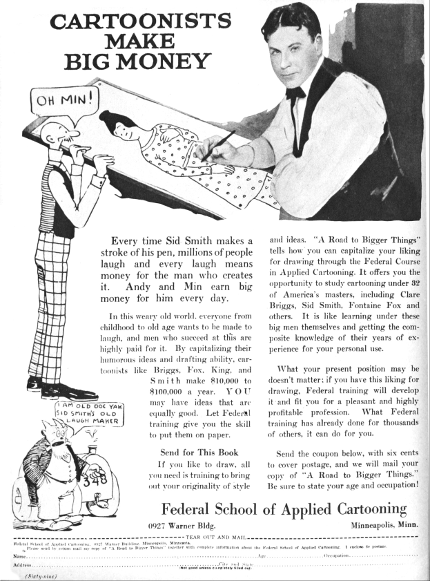 Anzeige für die Bundesakademie für Angewandte Karikatur, die einen Mann im Smoking und eine Frau im Kleid zeigt, mit dem Text "Karikaturisten verdienen viel Geld."