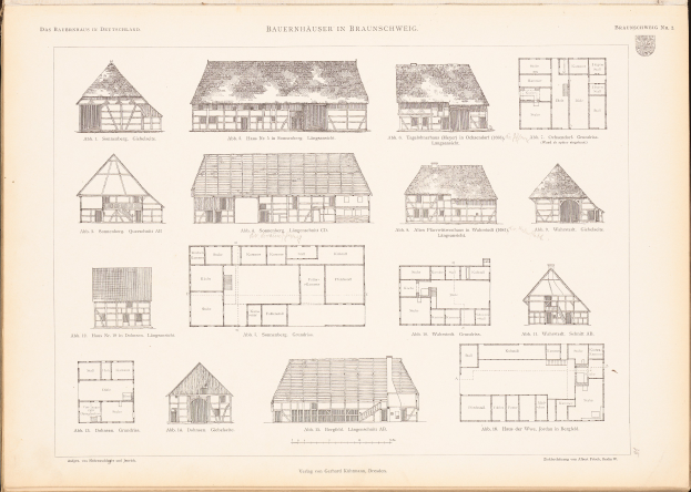 Ein offenes altes Buch mit Architekturhausplänen und -entwürfen sowie begleitendem Text.