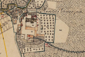 Ein detaillierter alter Stadtplan von München, Deutschland, mit Schwarzach in der Mitte, der Straßen, Gebäude und Text über die Größe, den Standort und die Geschichte der Stadt zeigt.