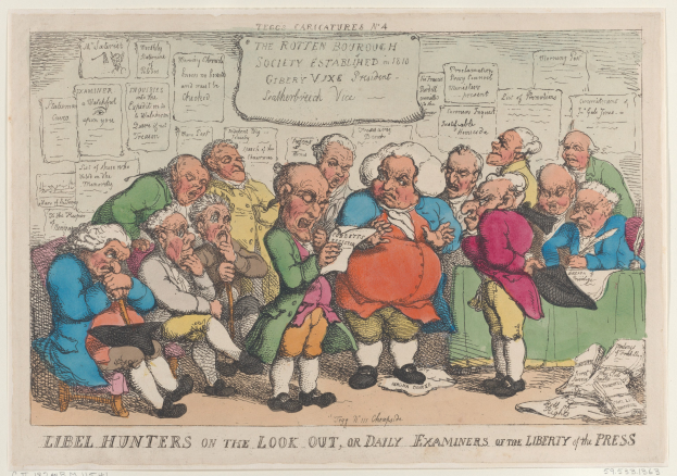 Eine Gruppe von Menschen sitzt um einen Tisch mit Papieren und Gegenständen, einer hält ein Papier in der Hand, mit der Beschriftung "Libel Hunters on the Look Out, or Daily Examiners of the Liberty of the Press" unten.