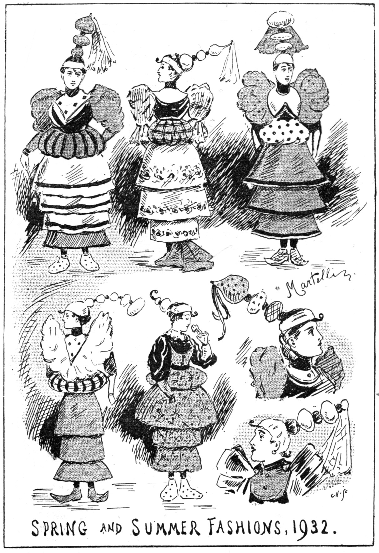 Modeillustration aus dem Jahr 1932, die Frauen in Frühjahrs- und Sommerkleidern zeigt, mit begleitendem beschreibendem Text.