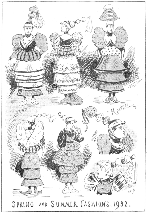 Modeillustration aus dem Jahr 1932, die Frauen in Frühjahrs- und Sommerkleidern zeigt, mit begleitendem beschreibendem Text.