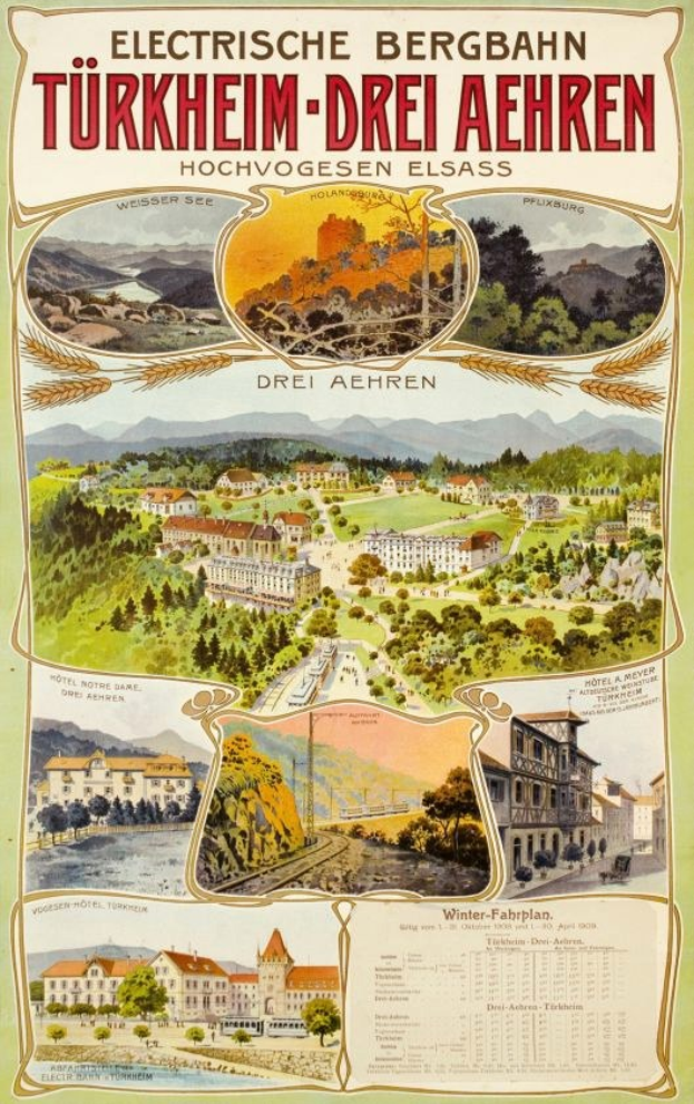 Plakat zur Bewerbung von Bergbahn, Deutschland als eine elektrifizierte Stadt, das Gebäude, Bäume, Hügel und beschreibenden Text zeigt.