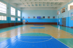 Eine geräumige Turnhalle mit einem blauen und weißen Boden, die einen Basketballplatz, Netz, Stangen, eine Tür, Fenster, Plakate an den Wänden, ein Geländer und ein Dach zeigt.