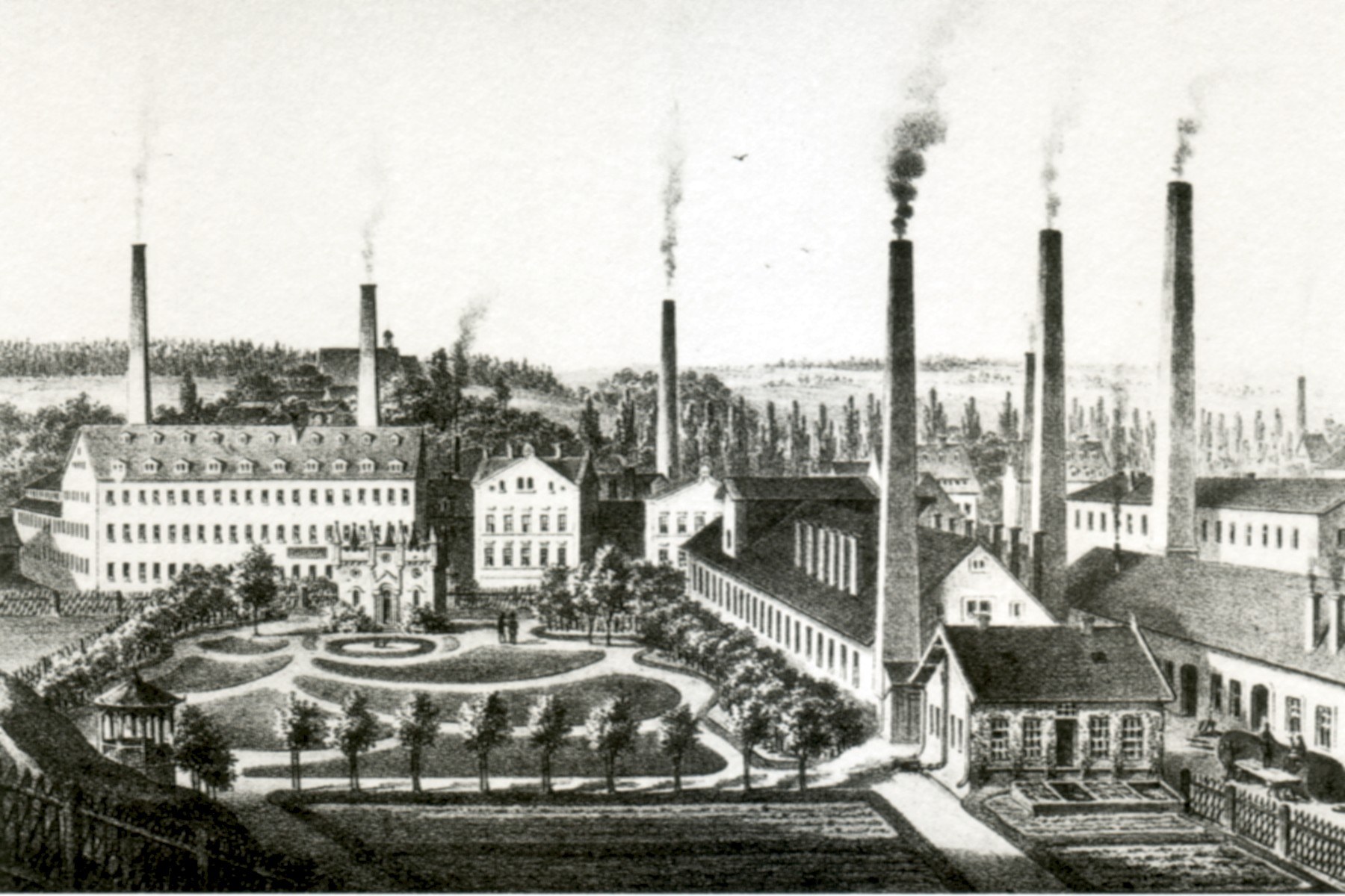 Schwarz-weiß-Zeichnung einer Fabrik mit rauchenden Schornsteinen, umgeben von Gebäuden, Bäumen, Pflanzen, Gras und einem Zaun, mit dem Text "New York State Penitentiary" unten.