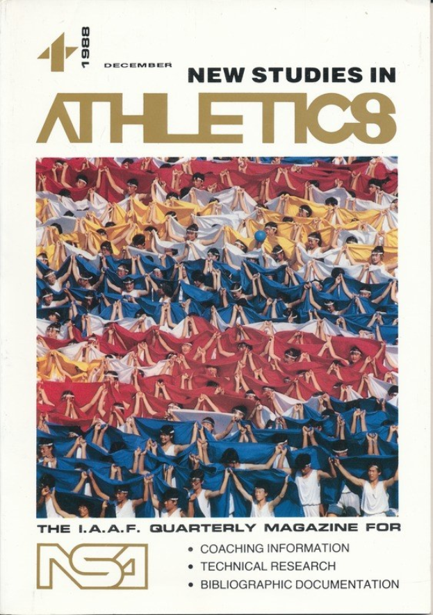 Buchumschlag mit der Aufschrift "Neue Studien im Leichtathletik 1988" zeigt Athleten beim Training unter einem blauen Himmel mit Bäumen, Text in fetter schwarzer Schrift auf einem weißen Hintergrund.