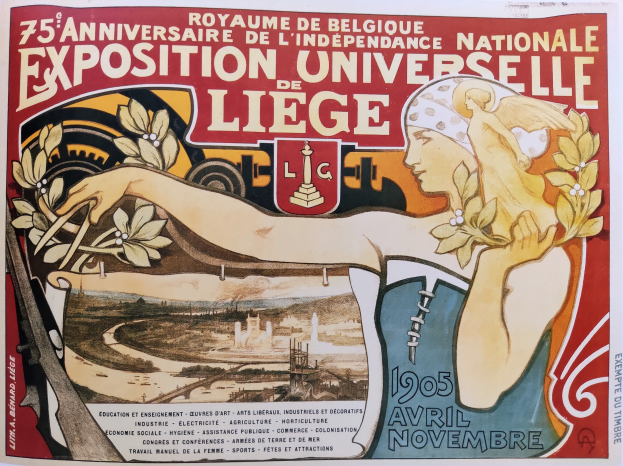 Plakat zum 75. Jubiläum der Nationalen Ausstellung Universitaire de Liège, das eine Frau mit Blumenstrauß zeigt und Text zur Beschreibung des Ereignisses enthält.