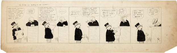 Ein Comic-Strip-Panel mit einem Mann in einem Zylinder und einer Frau in einem Kleid in einer Diskussion, wobei der Mann ein Blatt Papier mit Text hält.