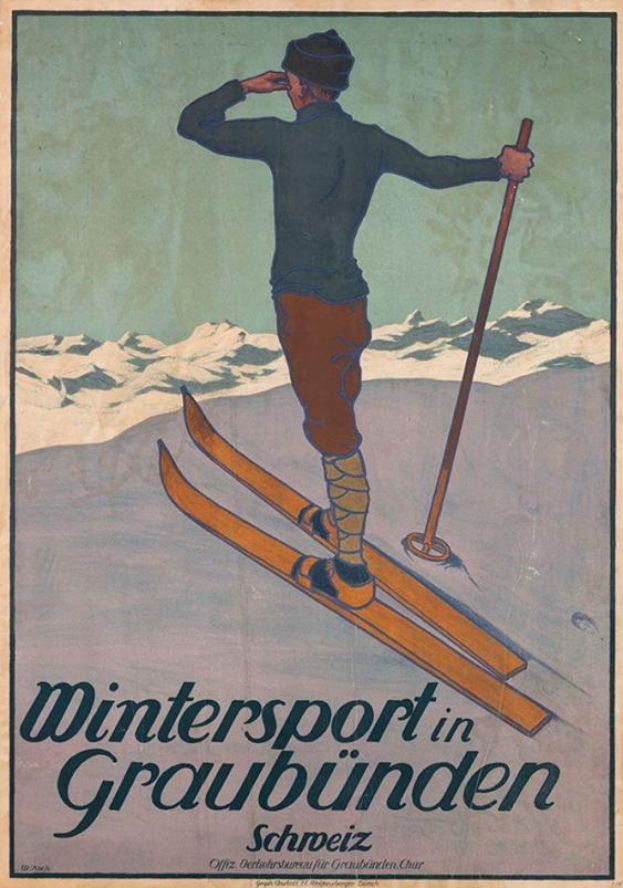 Ein Plakat in Graubünden, Schweiz, das einen Wintersport bewirbt, zeigt eine Person auf Skiern mit einem Stock vor schneebedeckten Bergen und Text.