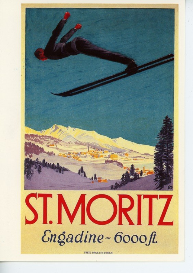 Ein Plakat eines Skifahrers in der Luft vor dem Hintergrund von Bäumen, Häusern und Bergen, mit dem Text "St. Moritz, Engadin - 6000ft" unten.