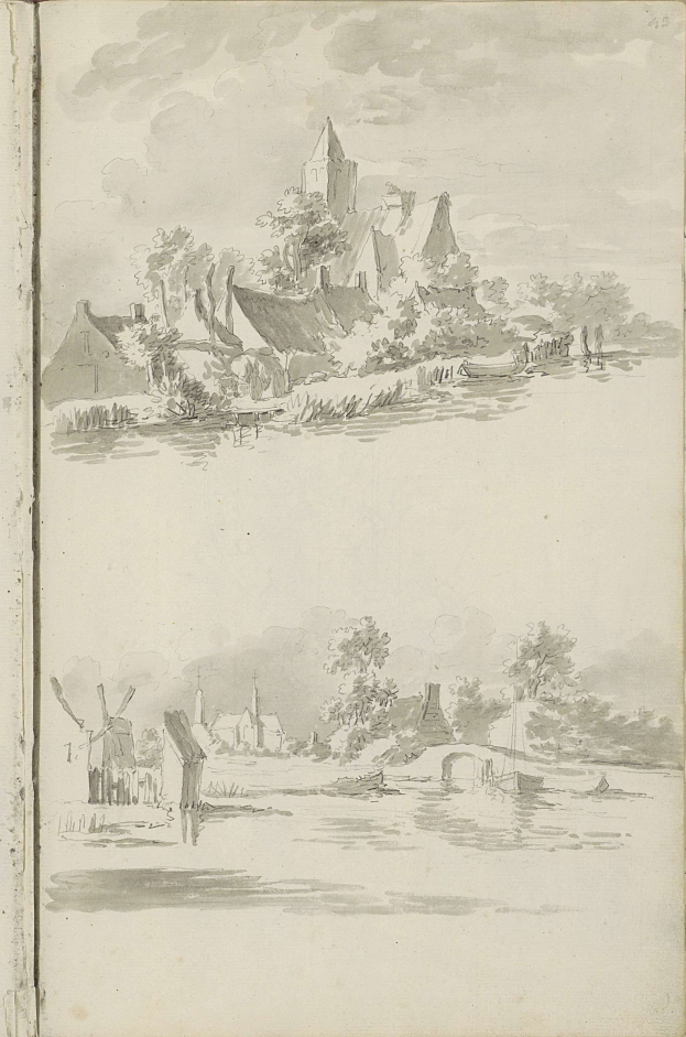 Offenes Buch mit einer Landschaftsillustration, die ein Schloss, Bäume, Häuser, einen Wasserlauf und einen bewölkten Himmel zeigt.