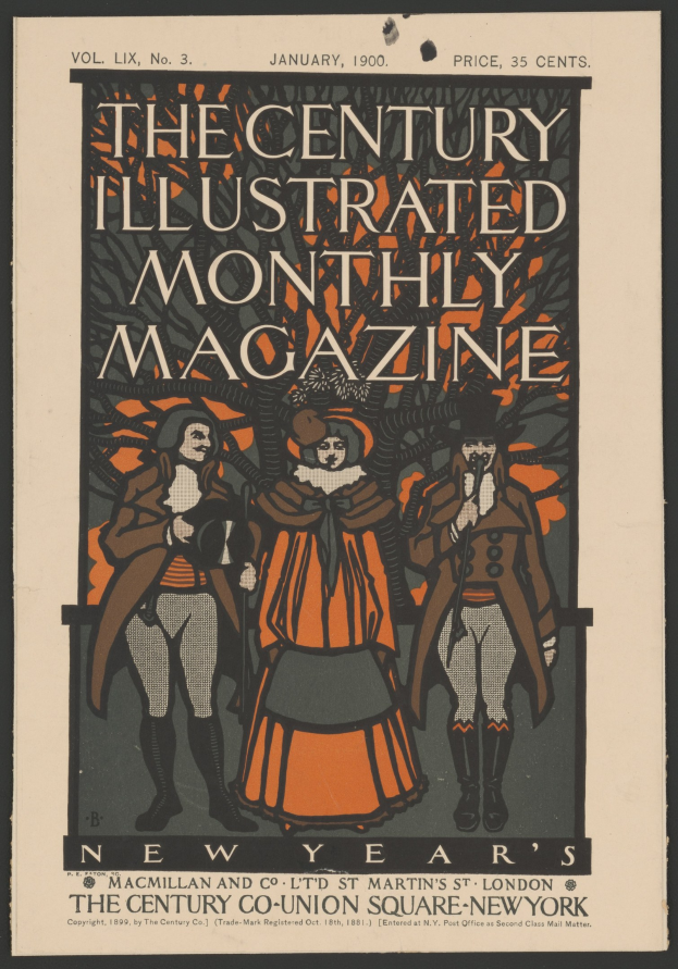 Schwarzer Plakatentwurf für *The Century Illustrated Monthly Magazine*, Januar 1900, mit einem dekorativen Rahmen, der Personen in historischer Kleidung einschließlich Hüten und Capes zeigt.
