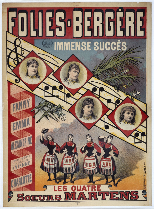 Plakat für die Folies-Bergère und das Immense Succès-Konzert mit leuchtenden Farben, detaillierten Designs und Bildern von verschiedenen Menschen, die eine klare Botschaft vermitteln.