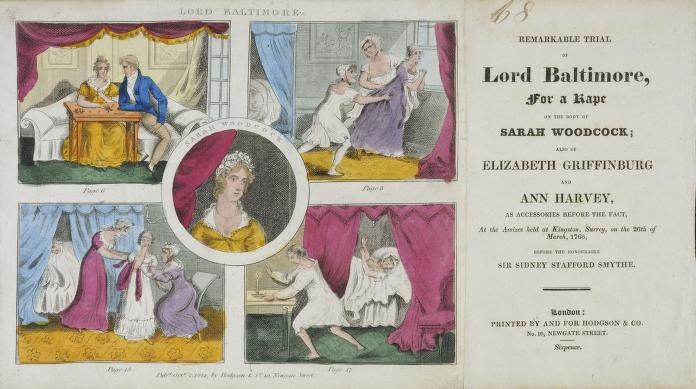 Eine historische Illustration, die eine Gerichtsszene mit einem Papier zeigt, auf dem Porträts von Menschen, Vorhänge und geschriebener Text zu sehen sind.