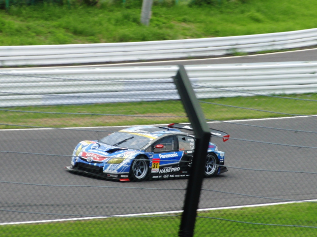 Ein Toyota TS050 Hybrid-Rennwagen ist auf einer Rennstrecke positioniert, mit einem Zaun, Gras, Pflanzen und Polen im Hintergrund.