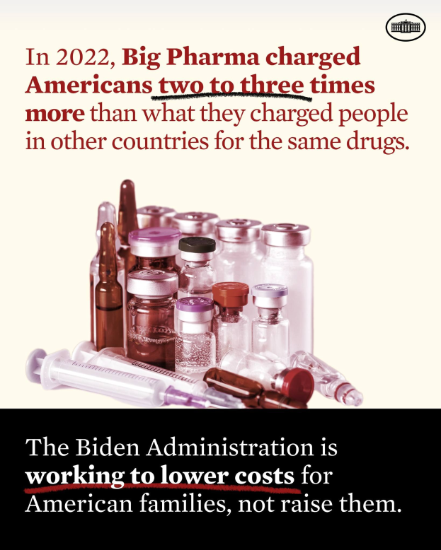 Ein Plakat, das besagt, dass Big Pharma 2022 Amerikaner zwei bis drei Mal mehr für dieselben Medikamente berechnet hat, mit Bildern von Medikamentenflaschen und einer Spritze darunter.