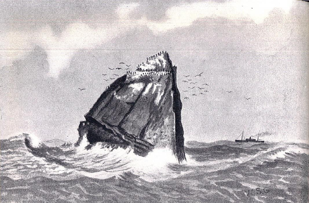 Schwarze und weiße Zeichnung eines Bootes auf dem Meer mit einem Felsen in der Mitte, umgeben von Wasser und Vögeln am Himmel, mit dem Text "Buckelwal" unten.