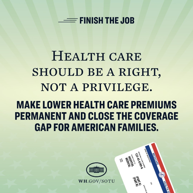 Plakat mit dem Text "Beenden Sie die Arbeit: Gesundheit sollte ein Recht und nicht ein Privileg sein" und einer Karte mit der Aufschrift "Machen Sie niedrigere Gesundheitskosten dauerhaft und schließen Sie die Versorgungslücke für amerikanische Familien"