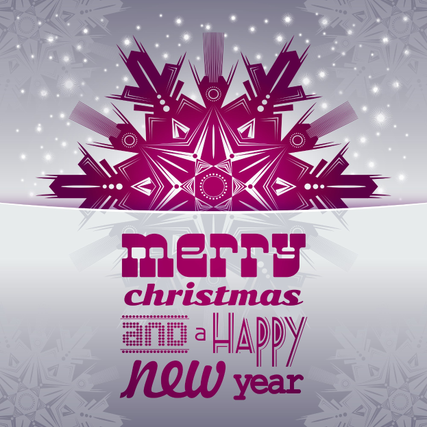 Eine festliche Grußkarte mit der Aufschrift "Frohe Weihnachten und ein glückliches neues Jahr" in fetter Schrift, umgeben von bunten Schneeflocken auf einem gemusterten Hintergrund.