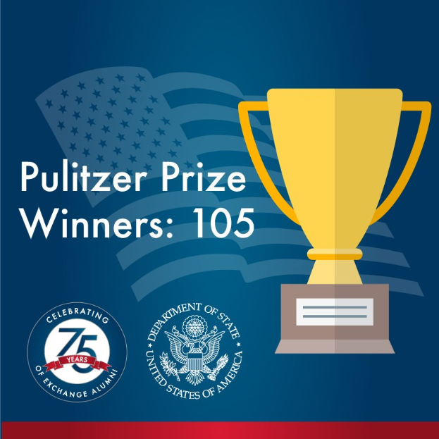 Ein Plakat mit der Aufschrift "Pulitzer-Preis-Gewinner 105", das ein zentrales Pokalsymbol umgeben von Text und Logos zeigt.