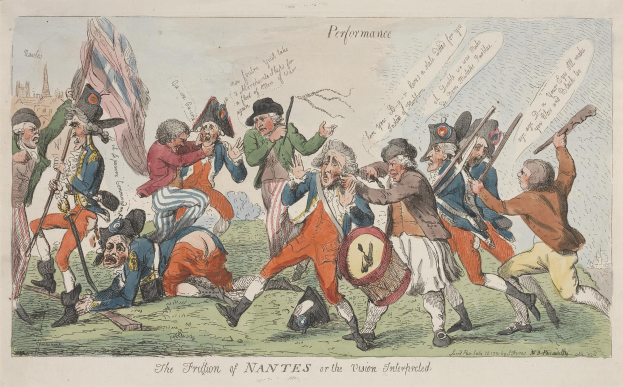 Cartoon, das eine Gruppe von Männern in Militäruniformen zeigt, einige halten Waffen und einer hält eine Trommel, mit der Inschrift "Die Frustration von Nantes oder die Vision Interprecedent" darunter.