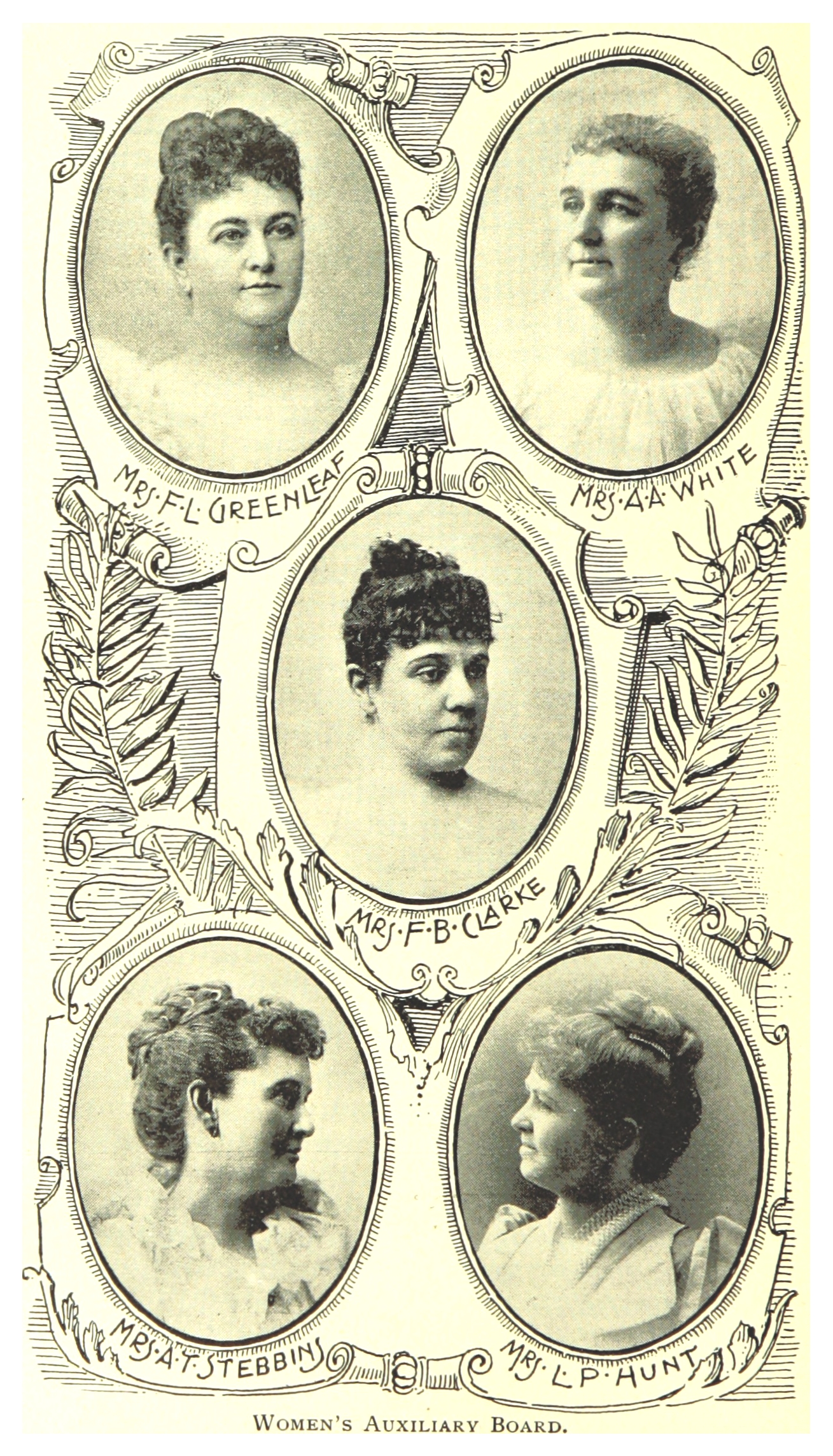 Ein altes Foto von vier Frauen mit verschiedenen Frisuren, jede mit einem menschlichen Gesicht, Rahmen mit Text.