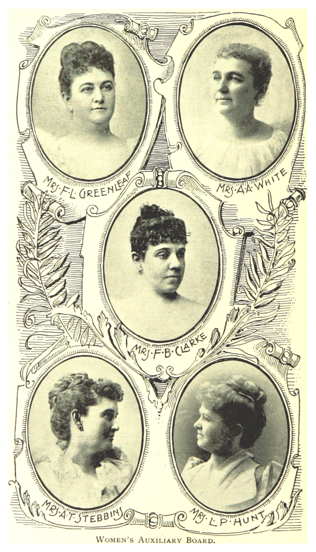 Ein altes Foto von vier Frauen mit verschiedenen Frisuren, jede mit einem menschlichen Gesicht, Rahmen mit Text.