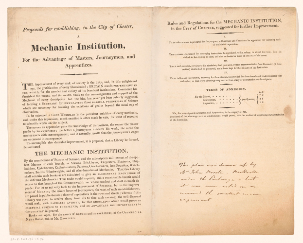 Offenes Buch mit dem Titel "Mechanic Institution, for the Advantage of Masters, Journeymen, and Apprenticeships", wahrscheinlich ein Vorschlag für die Gründung einer mechanischen Institution.