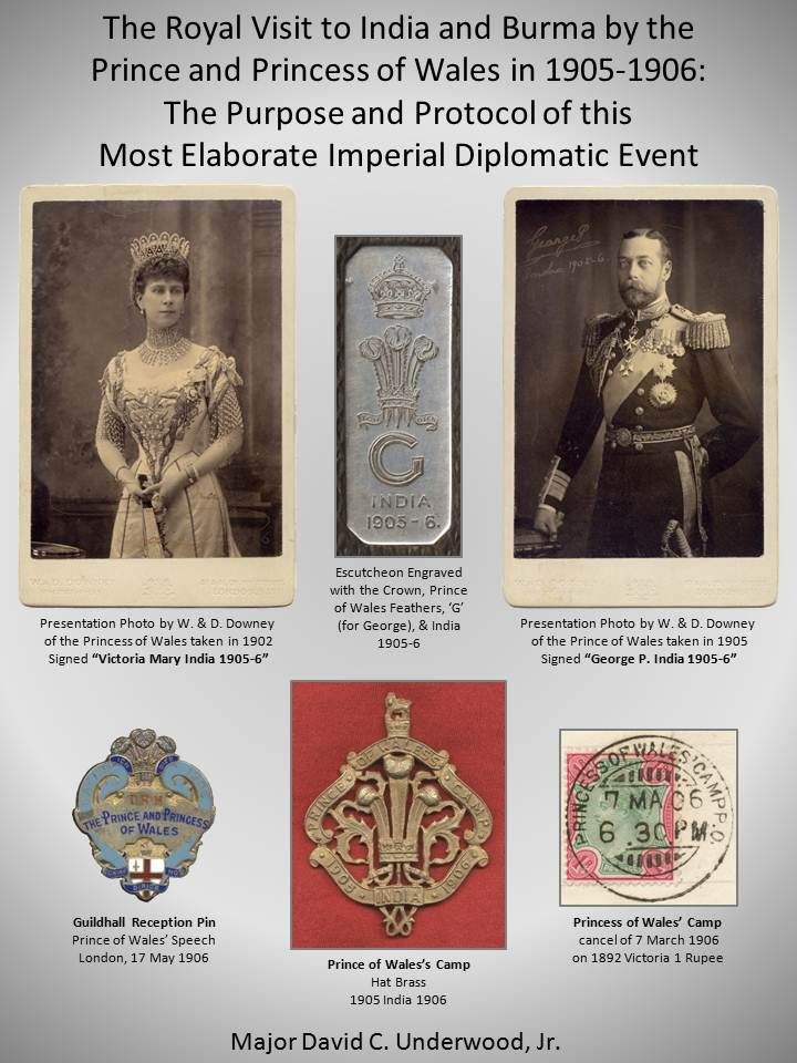 Plakat aus dem Jahr 1905-1906, das den royalen Besuch in Indien und Burma durch den Prince und die Princess of Wales zeigt, mit ihren Porträts, Logos und Texten über den Zweck und das Protokoll des Ereignisses.