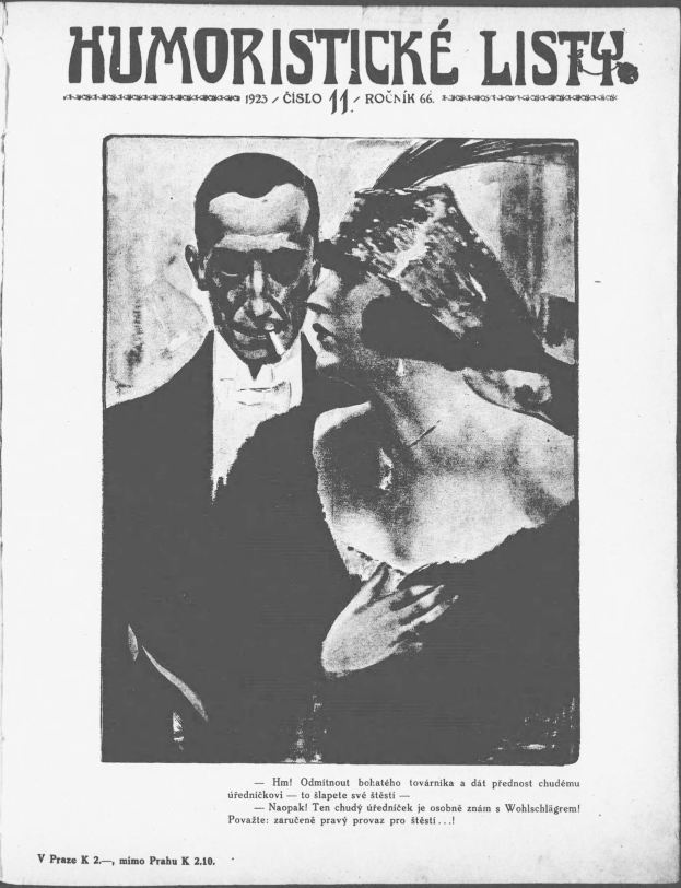 Schwarz-weiß-Foto eines Mannes im Anzug mit ernster Miene und einer Frau, die mit einem leichten Grinsen wegsieht, auf dem Cover einer Zeitschrift mit der Aufschrift 'Humoristische Liste'.