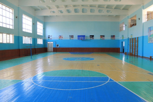 Große Turnhalle mit einem blauen und weißen Basketballfeld, einem Netz an Pfosten, einer Tür, Fenstern mit Plakaten, einem Wandgeländer und einem Dach.