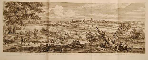 Offenes Buch mit der Aufschrift 'Ansicht der Schlacht von Castellum und Castellium aus der Illustrated London News' mit einer detaillierten Landschaftsillustration mit Menschen in der Vordergrund, Bäumen, Pflanzen, Gebäuden im Hintergrund und Wolken am Himmel.