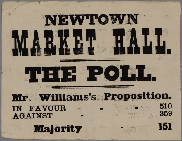 Papier mit handgeschriebener Textzeile "Newtown Market Hall, die Wahl, Mr. Williams Proposition für gegen Mehrheit".
