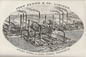Gravur einer Fabrik mit Rauch, der aus den Schornsteinen quillt, beschriftet mit "John Brown & Co Limited, Atlas Steel & Iron Works, Sheffield", umgeben von Gebäuden und Bäumen.