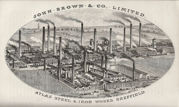 Gravur einer Fabrik mit Rauch, der aus den Schornsteinen quillt, beschriftet mit "John Brown & Co Limited, Atlas Steel & Iron Works, Sheffield", umgeben von Gebäuden und Bäumen.