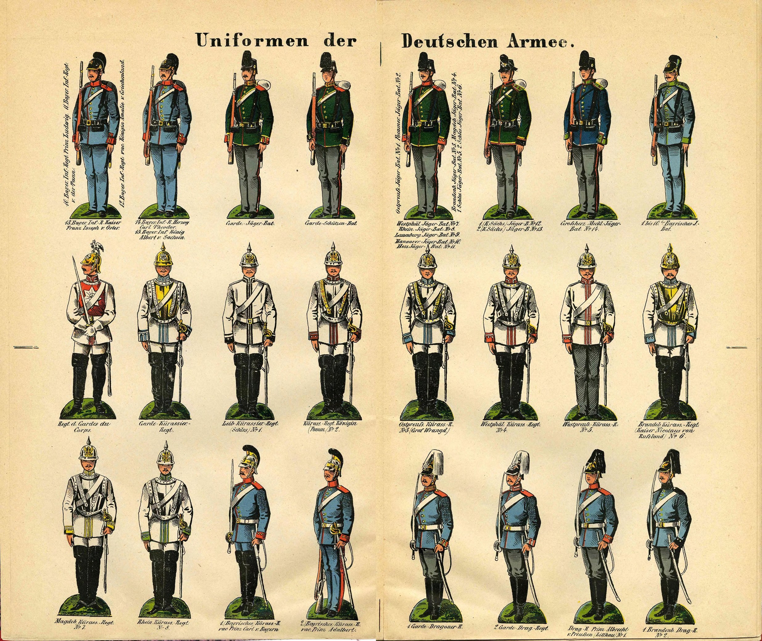 Ein Buch mit leuchtend bunten deutschen Armee-Militäruniformen mit detaillierten Elementen wie Helmen, Gewehren und anderen Waffen.