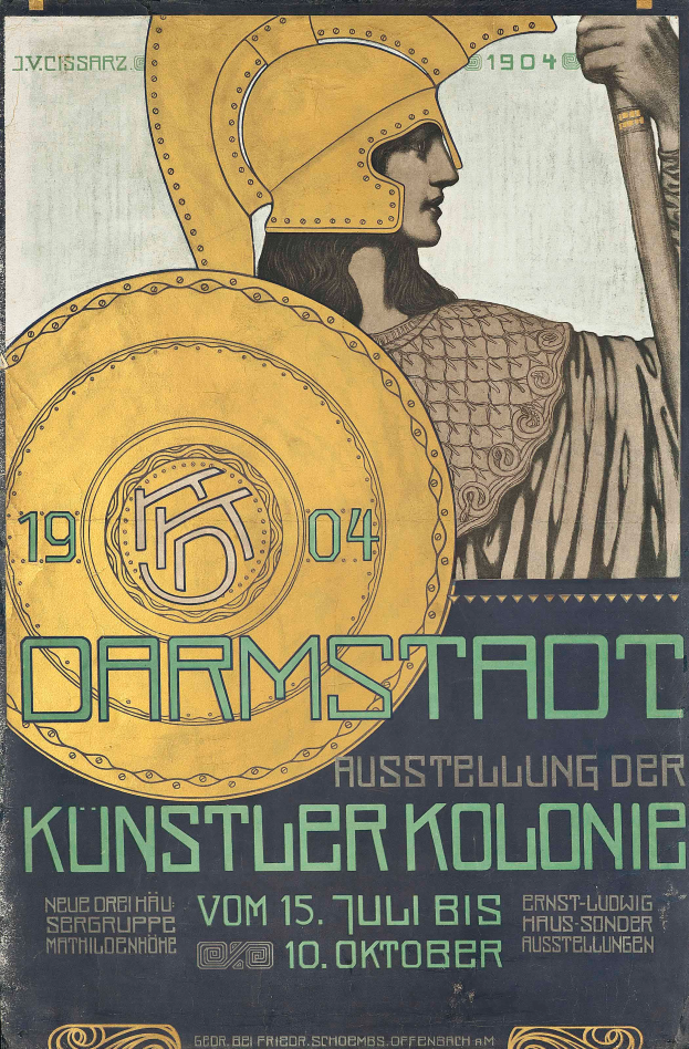 Ein Plakat, das ein Konzert in Berlin im Jahr 1904 ankündigt, zeigt eine Person in einem Helm mit einem Schild, auf dem 'Darmstadt' und 'Künstlerkolonie' in fetter Schrift steht.