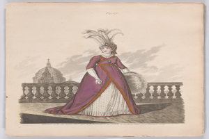 Frau in einem violetten und weißen Federkleid, die an einem Geländer steht, mit einem Gebäude und Wolken im Hintergrund, beschriftet mit "Fashion of New York, New York Street, 1790."