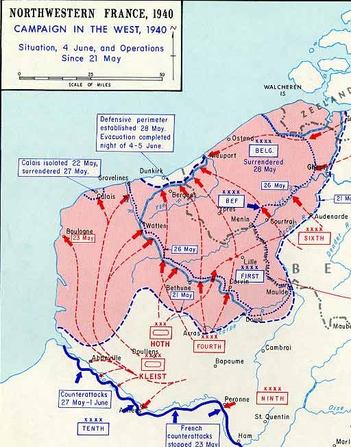 Detailierte Karte von Nordfrankreich während des 1940er Westfeldzugs, versehen mit Text und numerischen Daten.
