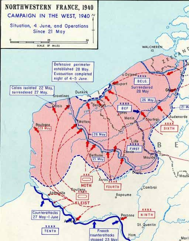 Detailierte Karte von Nordfrankreich während des 1940er Westfeldzugs, versehen mit Text und numerischen Daten.