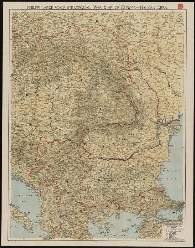 Ein strategisches Kriegs-Kartenbild von Europa mit dem Balkan-Gebiet in Rot hervorgehoben.