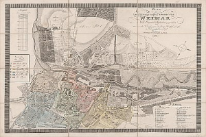 Detailierter alter Stadtplan von Weimar, Deutschland, der Straßen, Gebäude und Sehenswürdigkeiten zeigt, mit begleitendem Text über die Stadt.