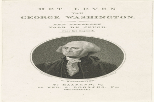 Porträt von George Washington mit ernstem Gesichtsausdruck, der einen Anzug und eine Krawatte trägt, auf einem Blatt Papier.