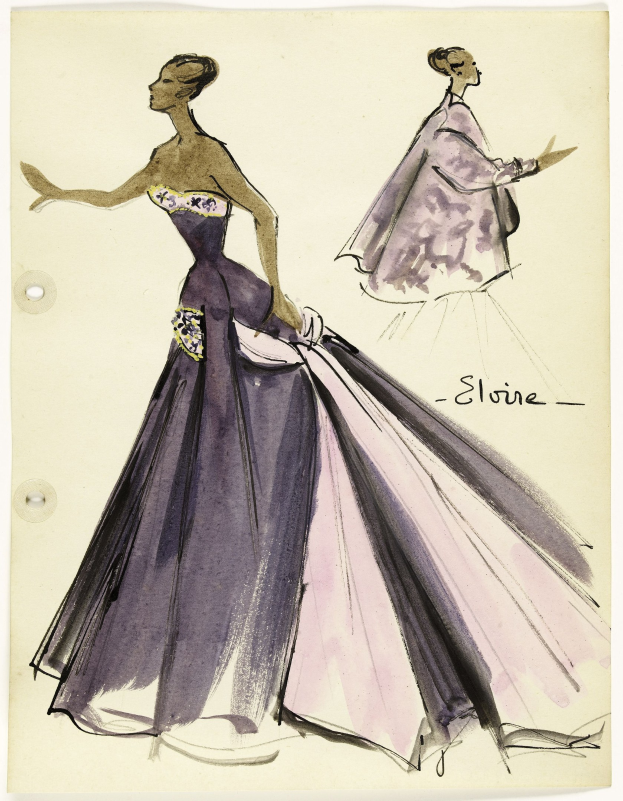 Skizze einer Frau in einem langen lila Kleid mit hohem Halsausschnitt, langen Ärmeln und detaillierter Verzierung, entworfen von Elie Saab, auf Papier mit handgeschriebener Text.