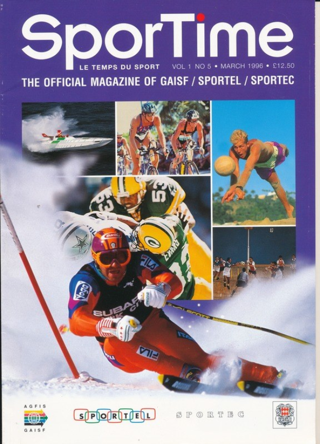Titelbild des *Sporttime Magazins* (März 1996) mit Bildern von Skifahren und Snowboarden, Text und Logos.