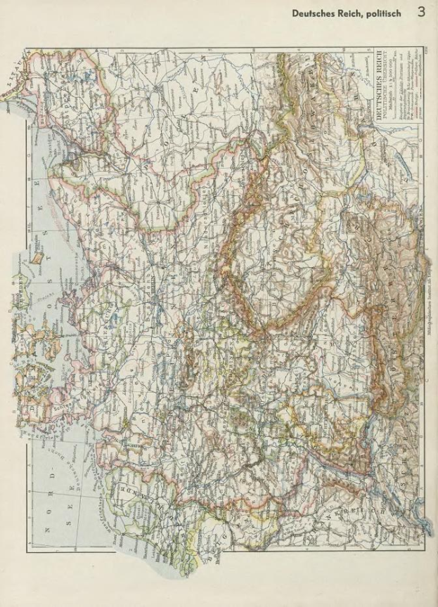 Eine Karte von Deutschland aus dem 19. Jahrhundert, die seine politischen Teilungen zeigt, auf altem Papier mit Text oben und unten bedruckt.