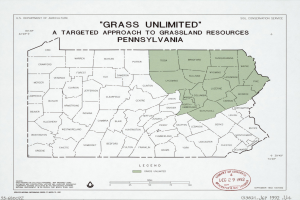 Plakat mit der Überschrift "Grass Unlimited: Ein zielgerichteter Ansatz für Graslandressourcen" mit einer Karte von Pennsylvania in Grün schattiert, um die Graslandtypen anzuzeigen, mit fetter schwarzer Schrift.