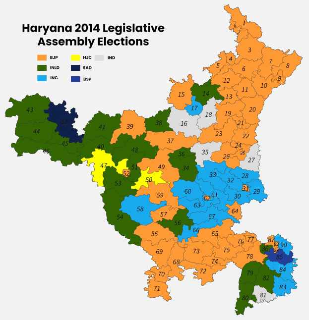 Eine 2014-Karte der Wahlkreise der Legislative von Haryana, farbcodiert nach den Wahlergebnissen, mit zusätzlichen Textinformationen.