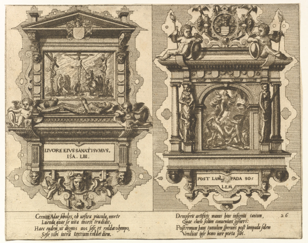Zwei detaillierte Skulpturen in verschiedenen Formen und Größen sind auf einem Papier mit begleitendem fetten Text dargestellt.